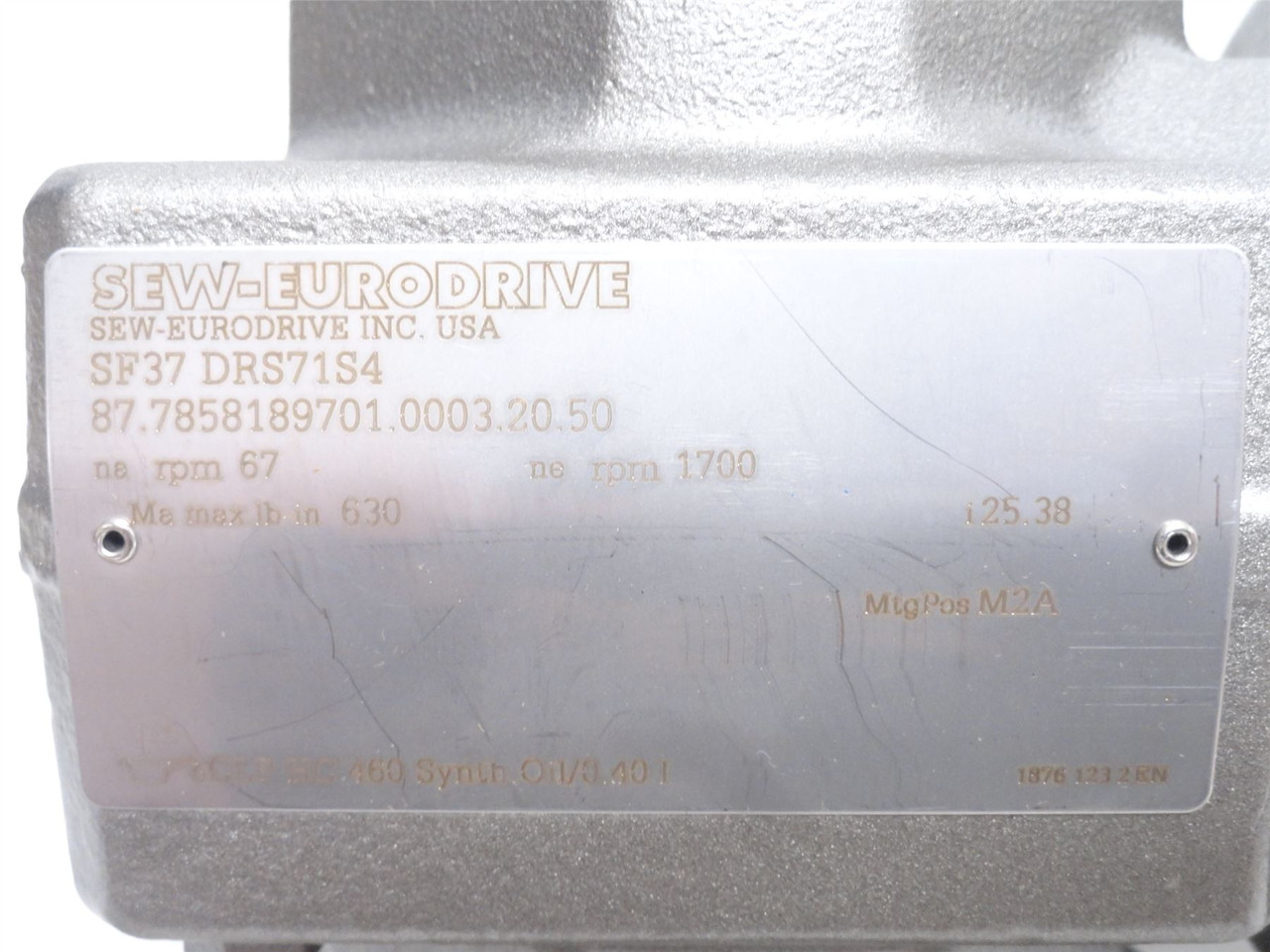 SEW SF37DRS71S4 ; AC Gearmotor 25.38:1 Ratio; 1/3HP; 230/460V