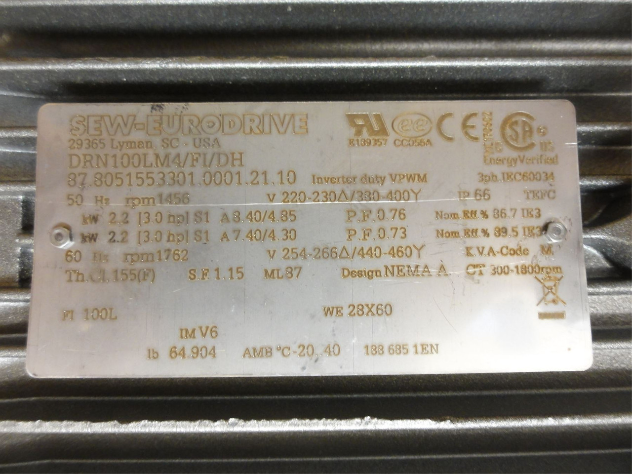 SEW DRN100LM4/FI/DH; AC Motor 3HP; 440-460V; 1762RPM; 3Ph