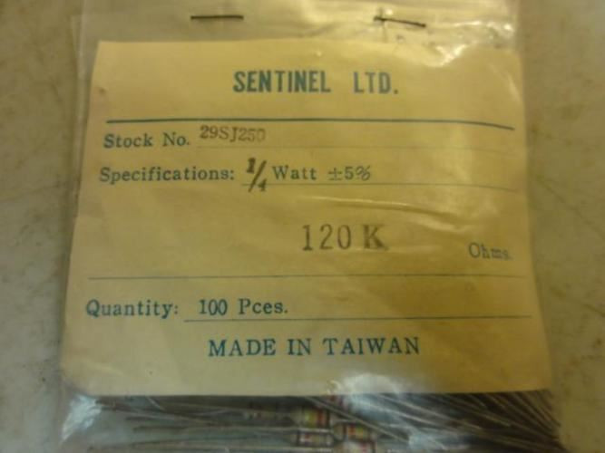 Sentinel MDL-Unkn80910; LOT-100 Resistors; 120k Ohms; 1/4W