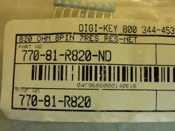 CTS 77081821; LOT-36 RES ARRAY 7 RES 820 OHM 8SIP