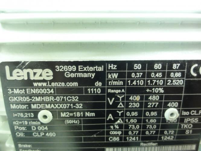 Lenze GKR05-2MHBR-071C32; Gearmotor; 0.95A; 3Ph; 230/480VAC