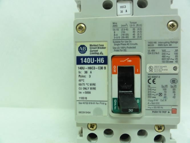 Allen-Bradley 14OU-H6C3-C30; Circuit Breaker 30A; 480VAC; 3Pole