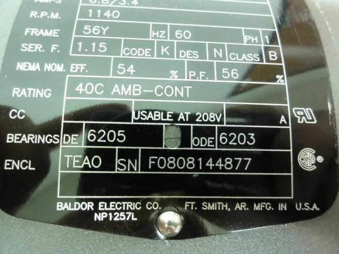Baldor 35S915-0766G2; Motor; 0.33HP; 115/230V; 1140RPM