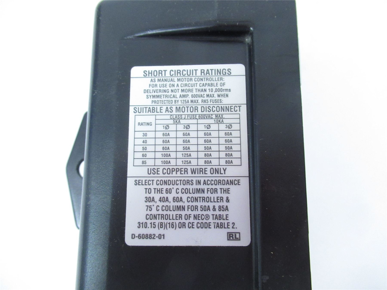 Hubbell 1389; Motor Disconnect Switch 30A 600V 3 Pole NEMA1