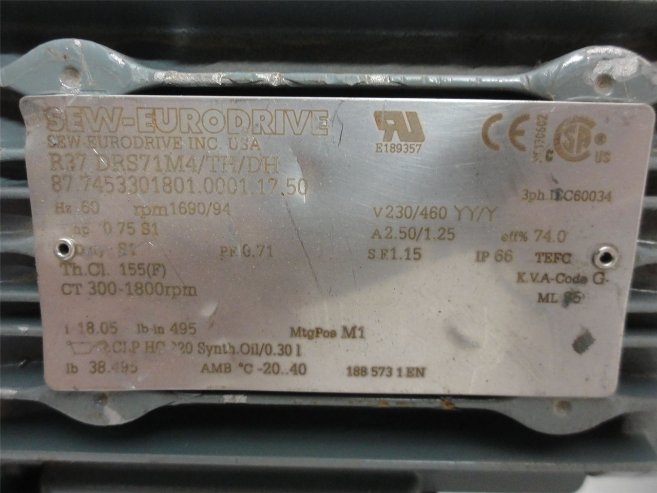 SEW R37DRS71M4/TH/DH; AC Gear Motor 18.05:1 Ratio; 3/4HP