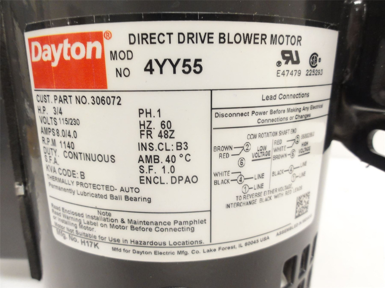 Dayton 4YY55; Direct Drive Blower Motor 3/4HP 115/230V 1140RPM