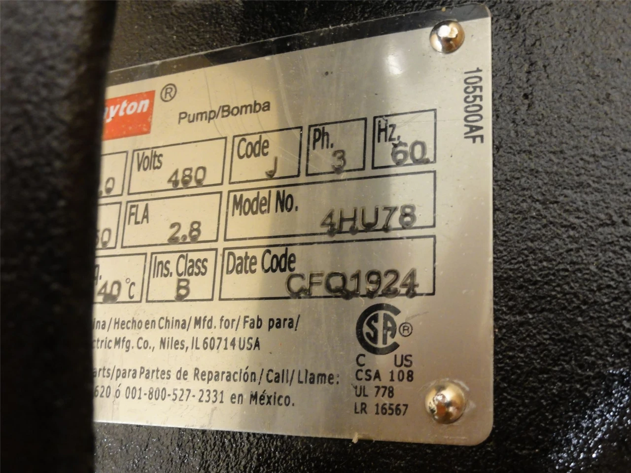 Dayton 4HU78; Effluent Pump 1HP 460VAC; 85GPM; 2NPT Discharge
