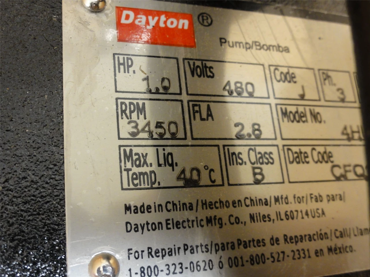 Dayton 4HU78; Effluent Pump 1HP 460VAC; 85GPM; 2NPT Discharge