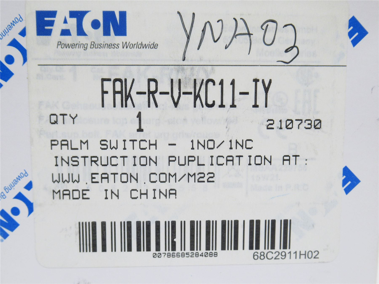 Eaton FAK-R-V-KC11-IY; E-Stop Palm Switch; 1-NO; 1-NC; 22.5mm