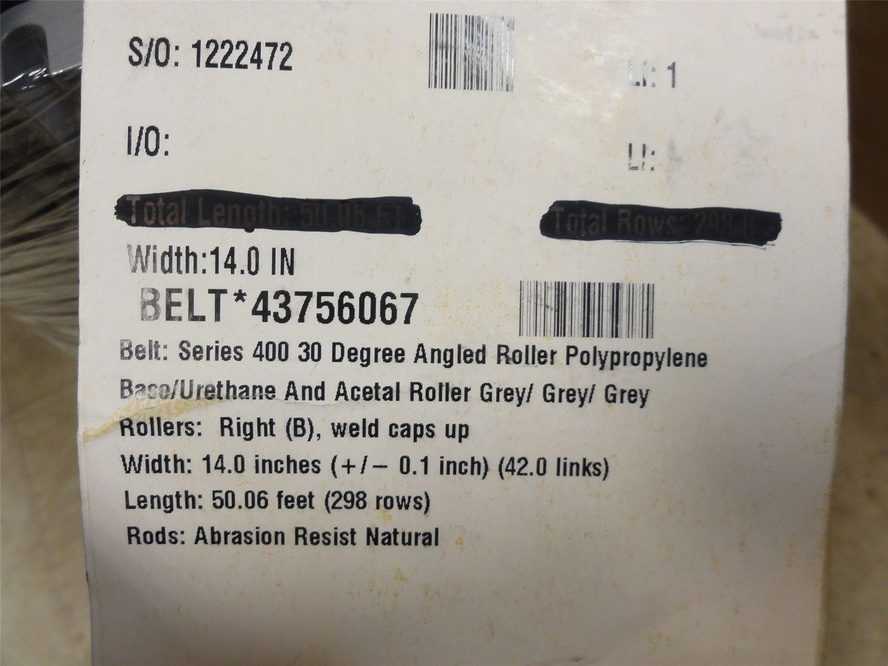 Intralox S400-14-10.08; Angled Roller Belt; 14"W x 10'L