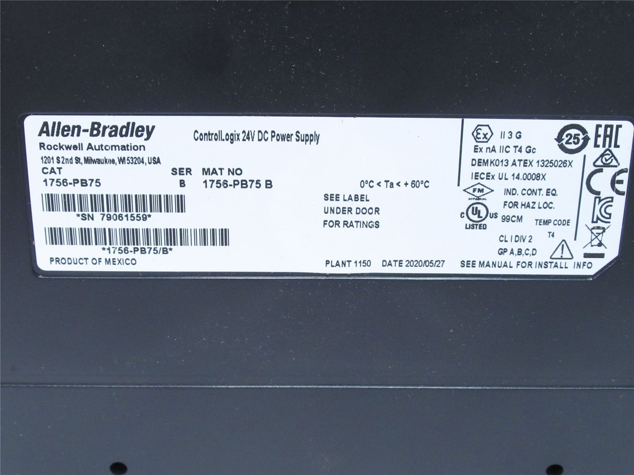 Allen-Bradley 1756-PB75; ControlLogix Power supply; 18-32 VDC