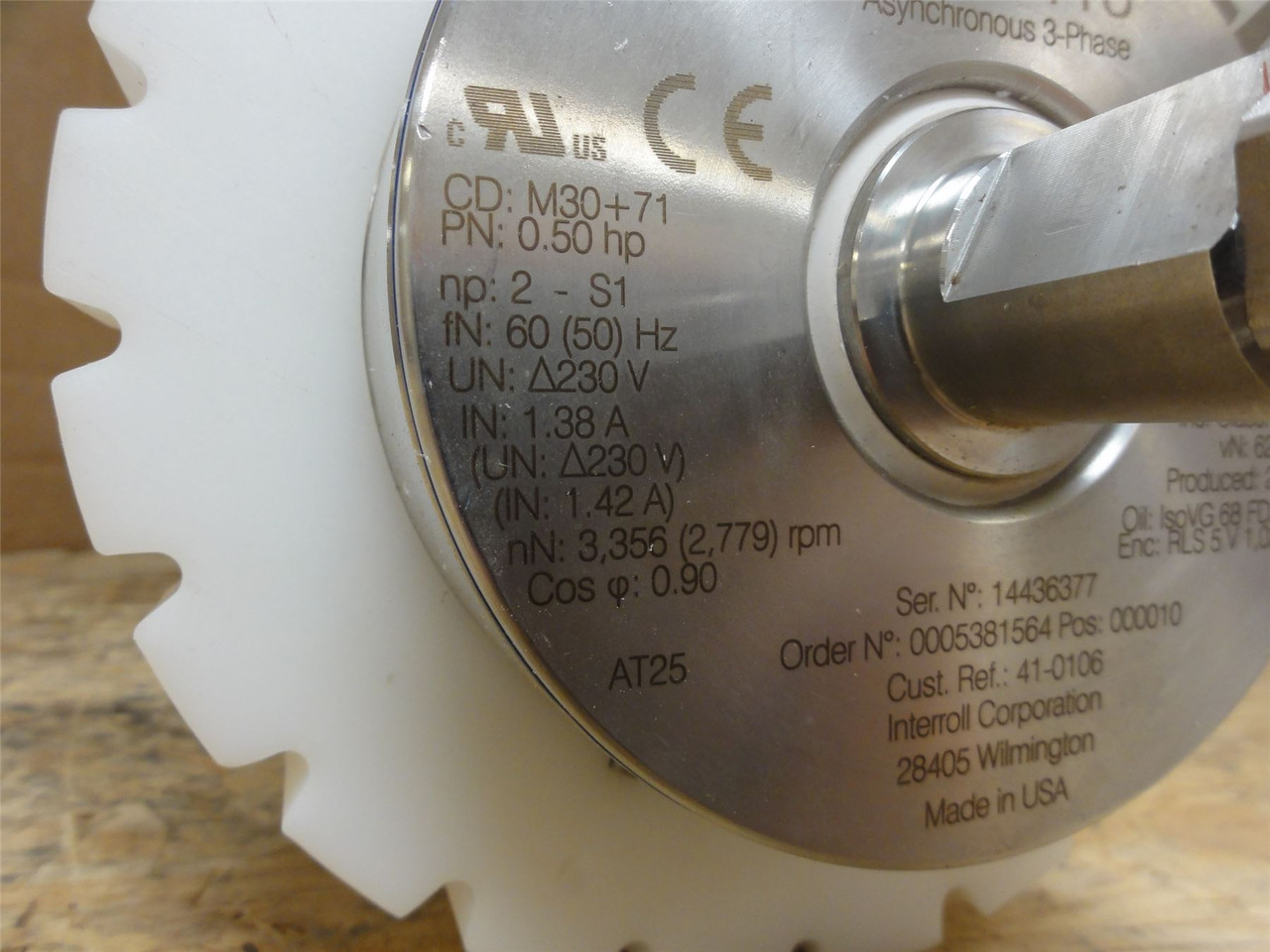 Interroll DM-0113; AC Drum Motor 21-1/2"W 1/2HP 230V 62fpm