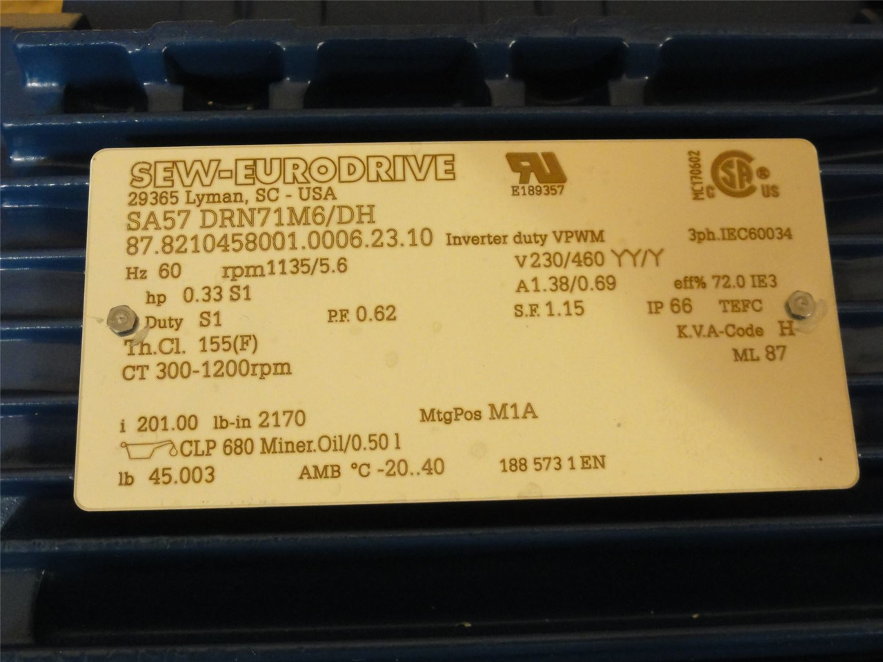 SEW SA57DRN71M6/DH; AC Gear Motor 201:1 Ratio 1/3HP; 230/460V