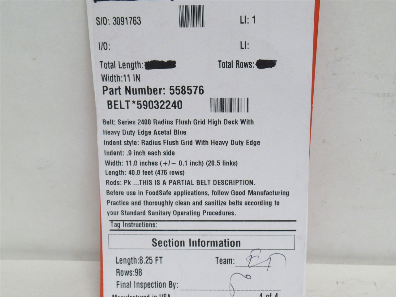 Intralox Ser-2400-55857659032240; Flush Grid Belt 8.25'Lx11"W