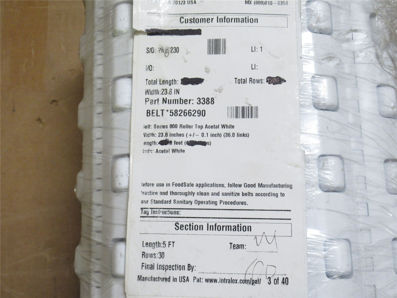 Intralox 338858266290_; Straight Roller Top Belt 23.8"W 5'L