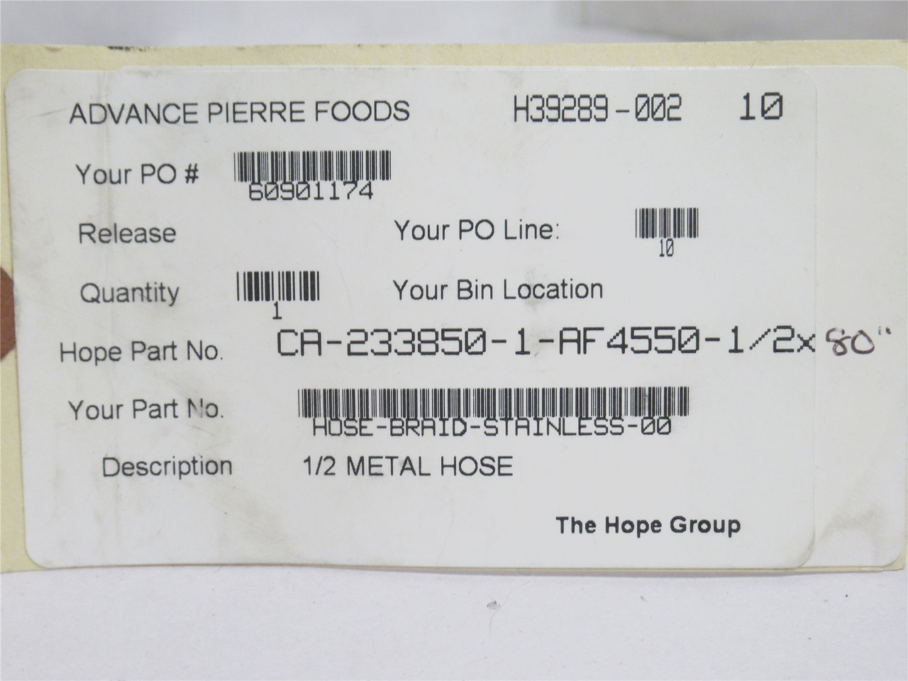Hope Group CA-233850-1-AF4550-1/2;  SS Hose 1/2NPT M x F 80"L