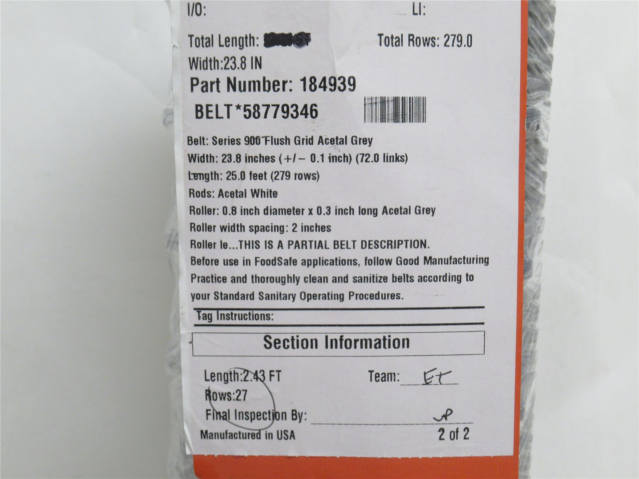 Intralox 18493958779346_; Flush Grid Belt; 23.8"W 2.43'Long