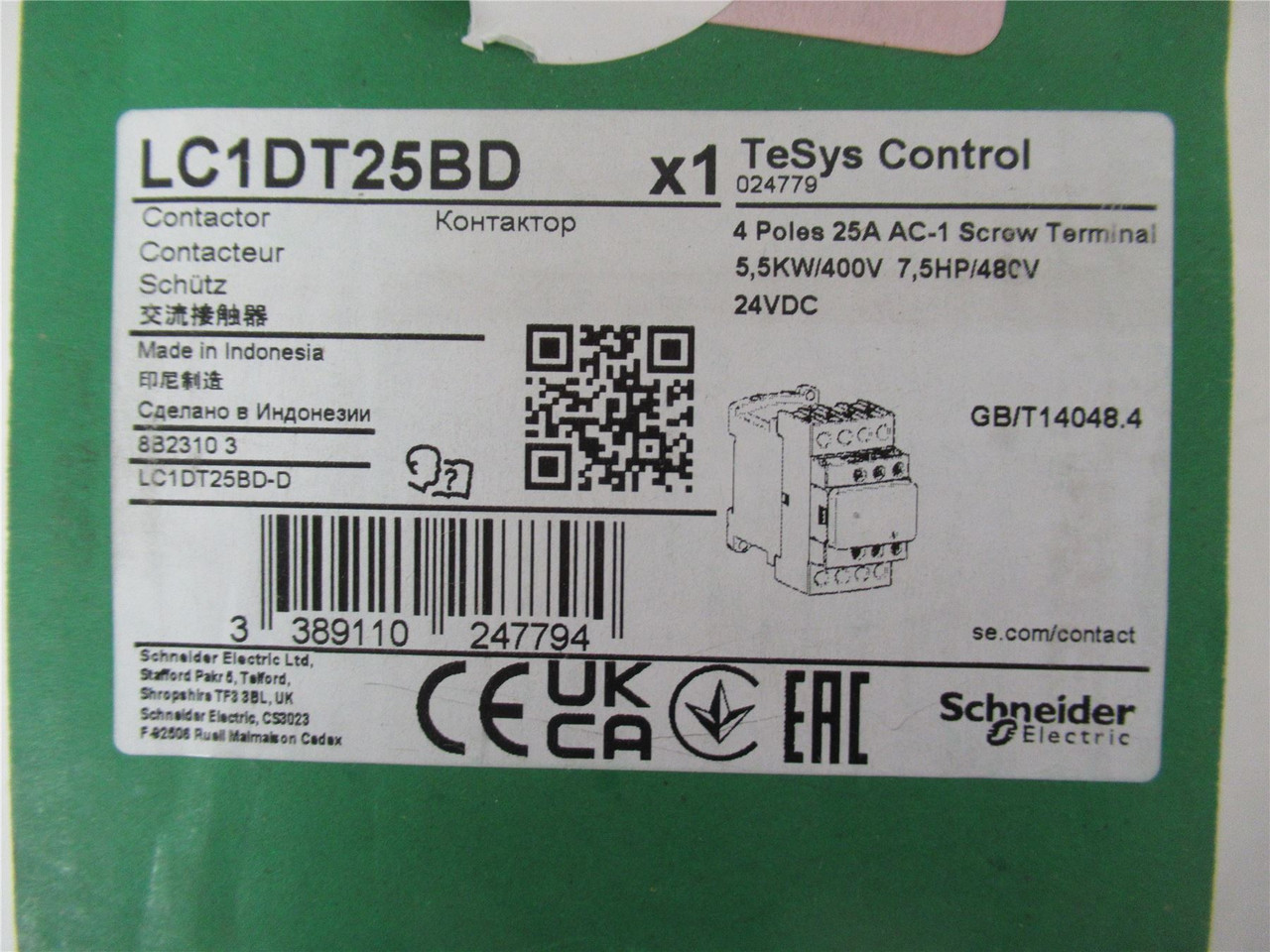 Square D LC1DT25BD; Contactor 25A  4-Pole 4-NO Coil:  24VDC