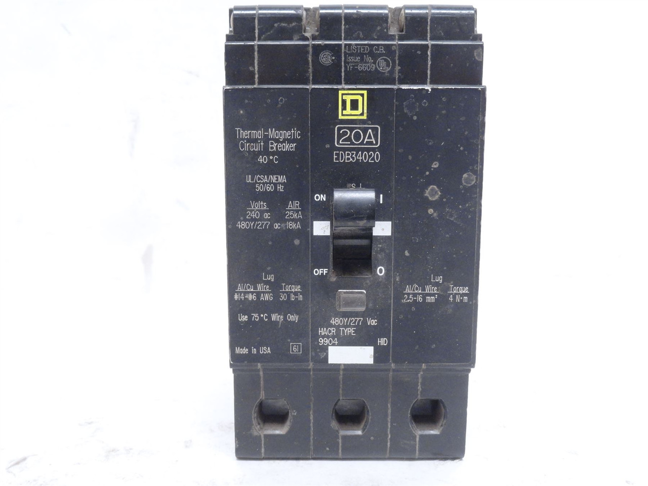 Square D EDB34020; Circuit Breaker; 20A; 3P; 277/480VAC