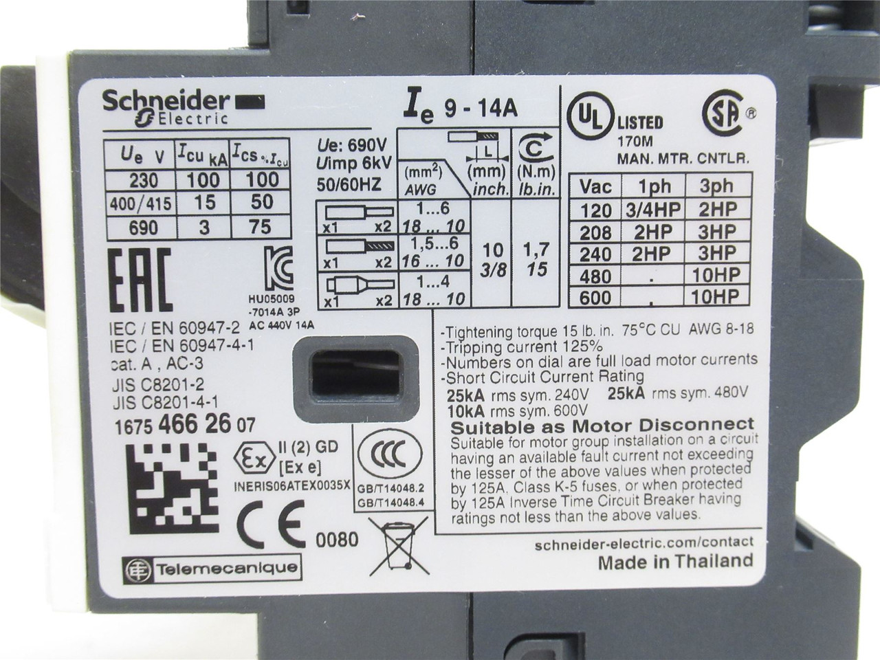 Schneider GV2ME16; Motor Protector 9-14A; 3P; 690VAC