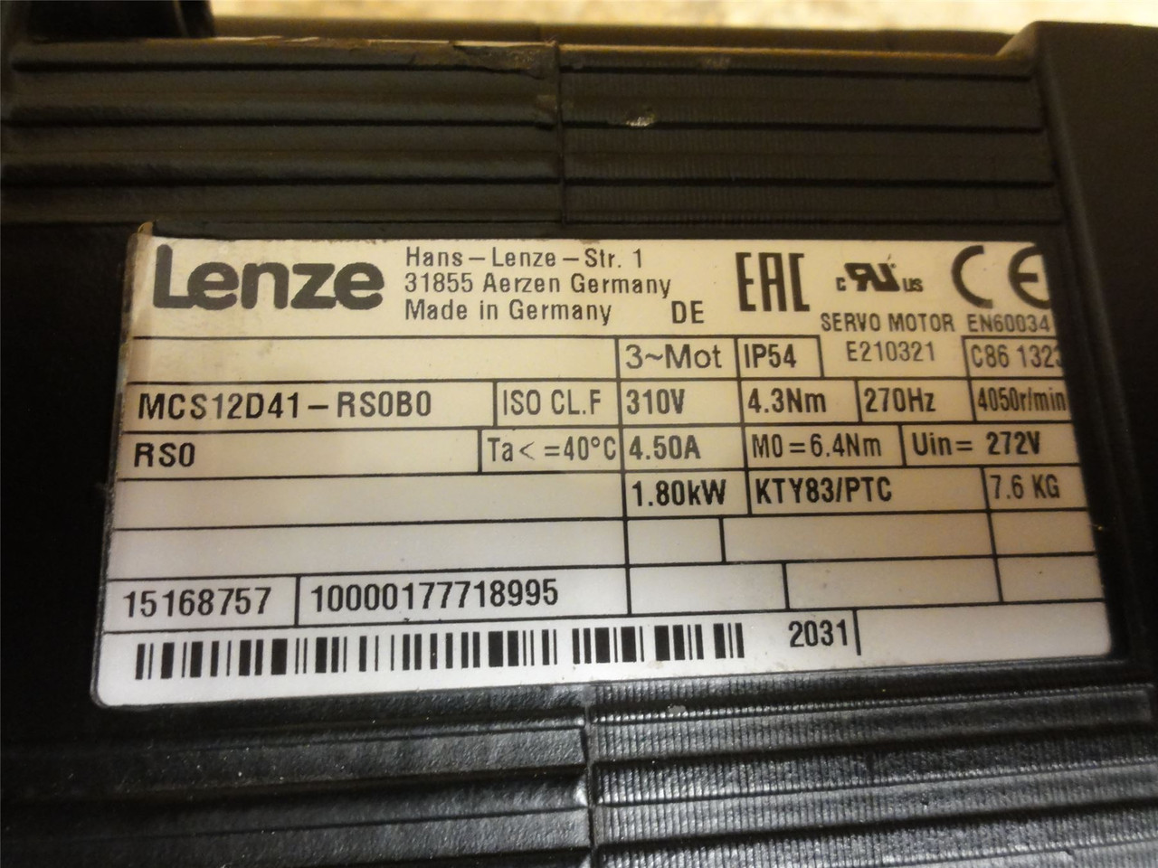 Lenze G50BB124MVAR2C; Servo-Gear Motor; 16.857:1 Ratio; 1.8kW
