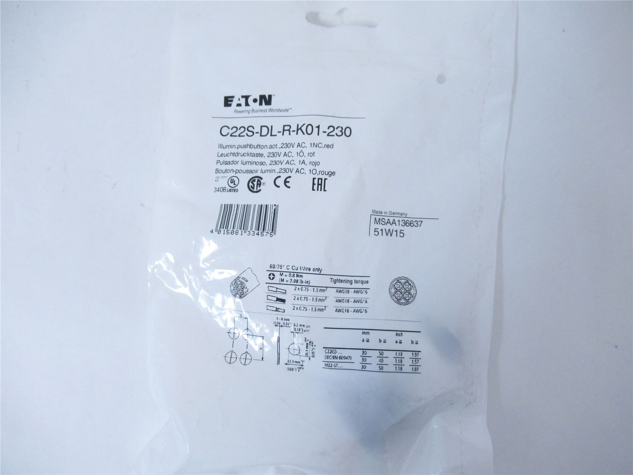Eaton C22S-DL-R-K01-230; Pushbutton-Illuminted LED; Red