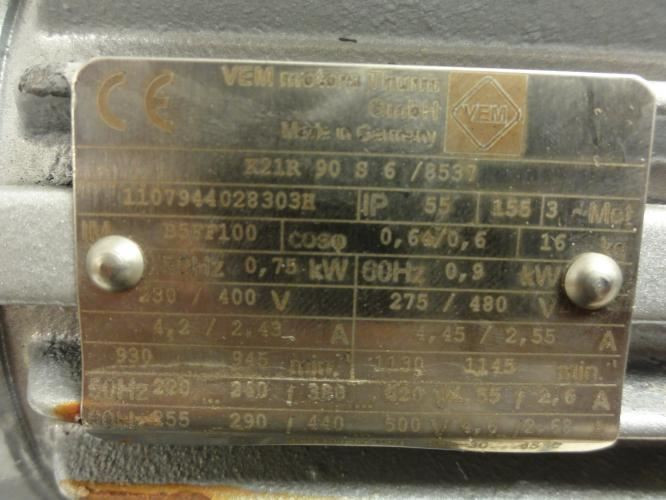 VEM K21R90S6/8537; Motor; 0.75/0.9kW; 230/400/275/480V; 3Ph