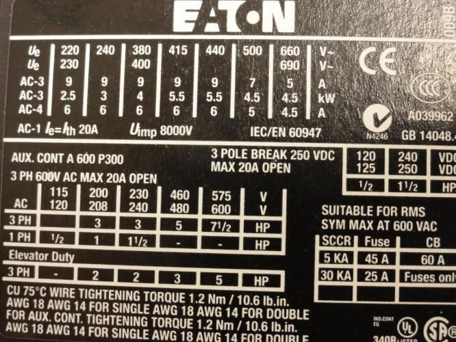 Eaton ECX09C1QHA; Starter 9A 3P 600VAC; Coil: 24V