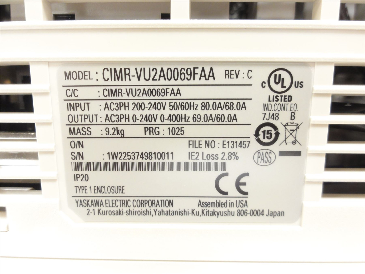 Yaskawa CIMR-VU2A0069FAA; AC Drive 25HP 240VAC In