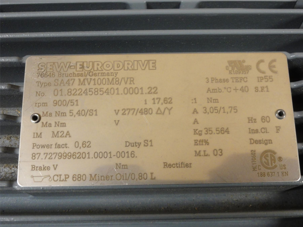 SEW SA47MV100M8/VR; AC Gearmotor 17.62:1 Ratio; 277/480V; 3PH