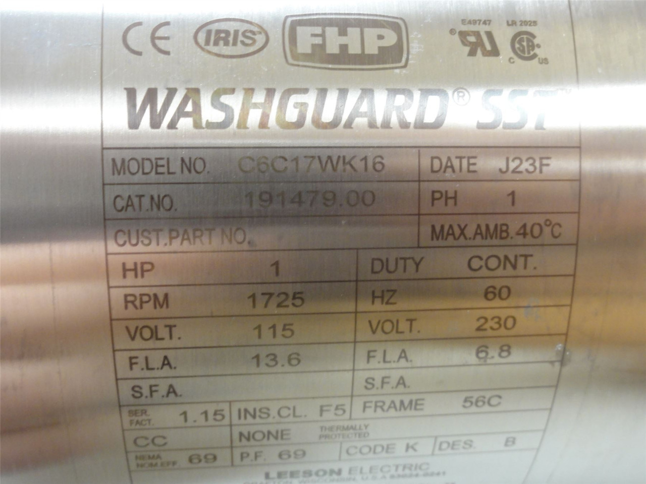 Leeson 191479; AC Motor; SS; 1HP 115-230VAC; 1725RPM 1-Ph