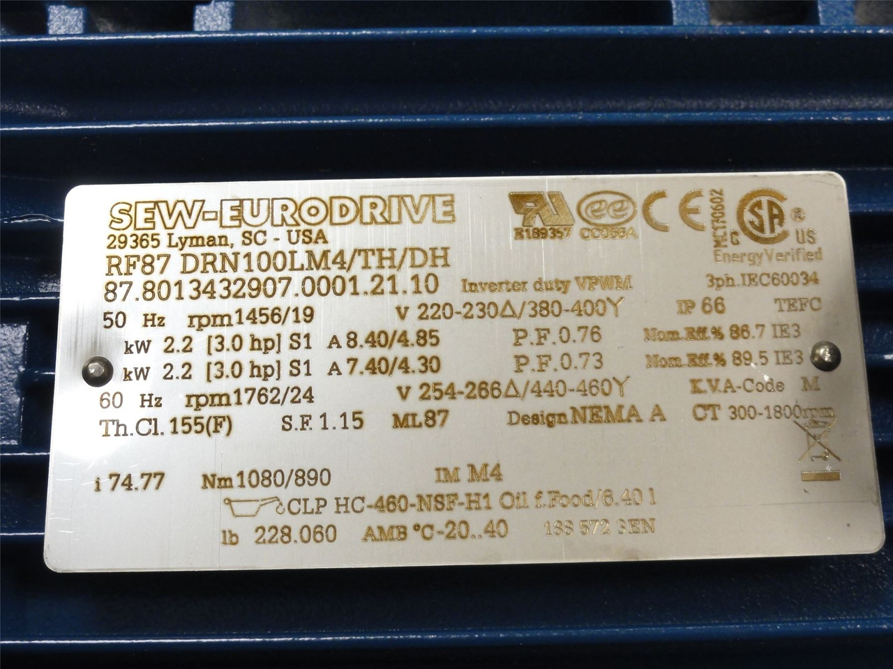 SEW RF87DRN100LM4/TH/DH; AC Gearmotor; 74.77:1 Ratio; 2.2kW