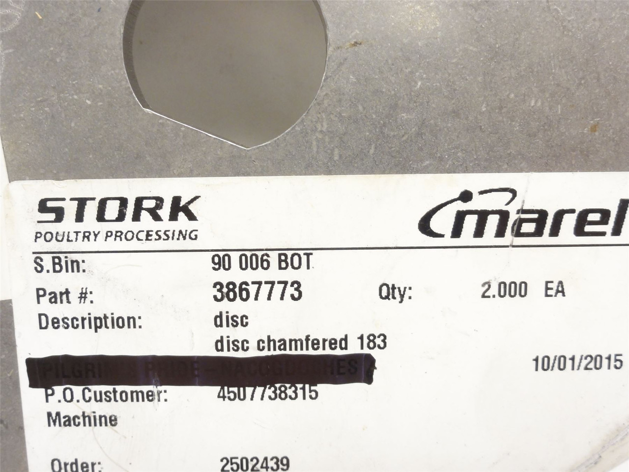 Marel 3867773; Disc Chambered 183; SS; 1"ID; 7-1/4"OD