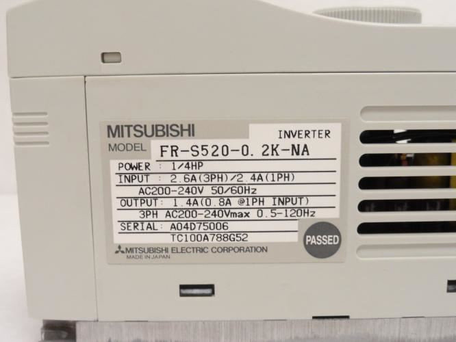 Mitsubishi FR-S520-0.2K-NA; Inverter 1/4Hp 200-240VAC; 2.6/2.4A