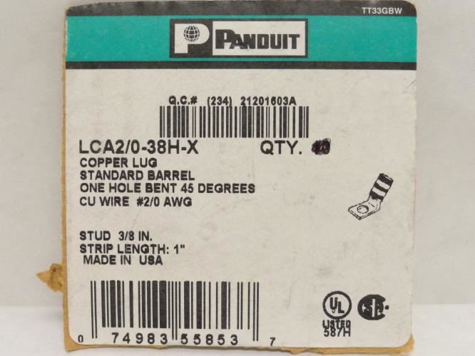 Panduit LCA2/0-38H-X; Copper Compression Lug # 2/0 AWG; 45Deg