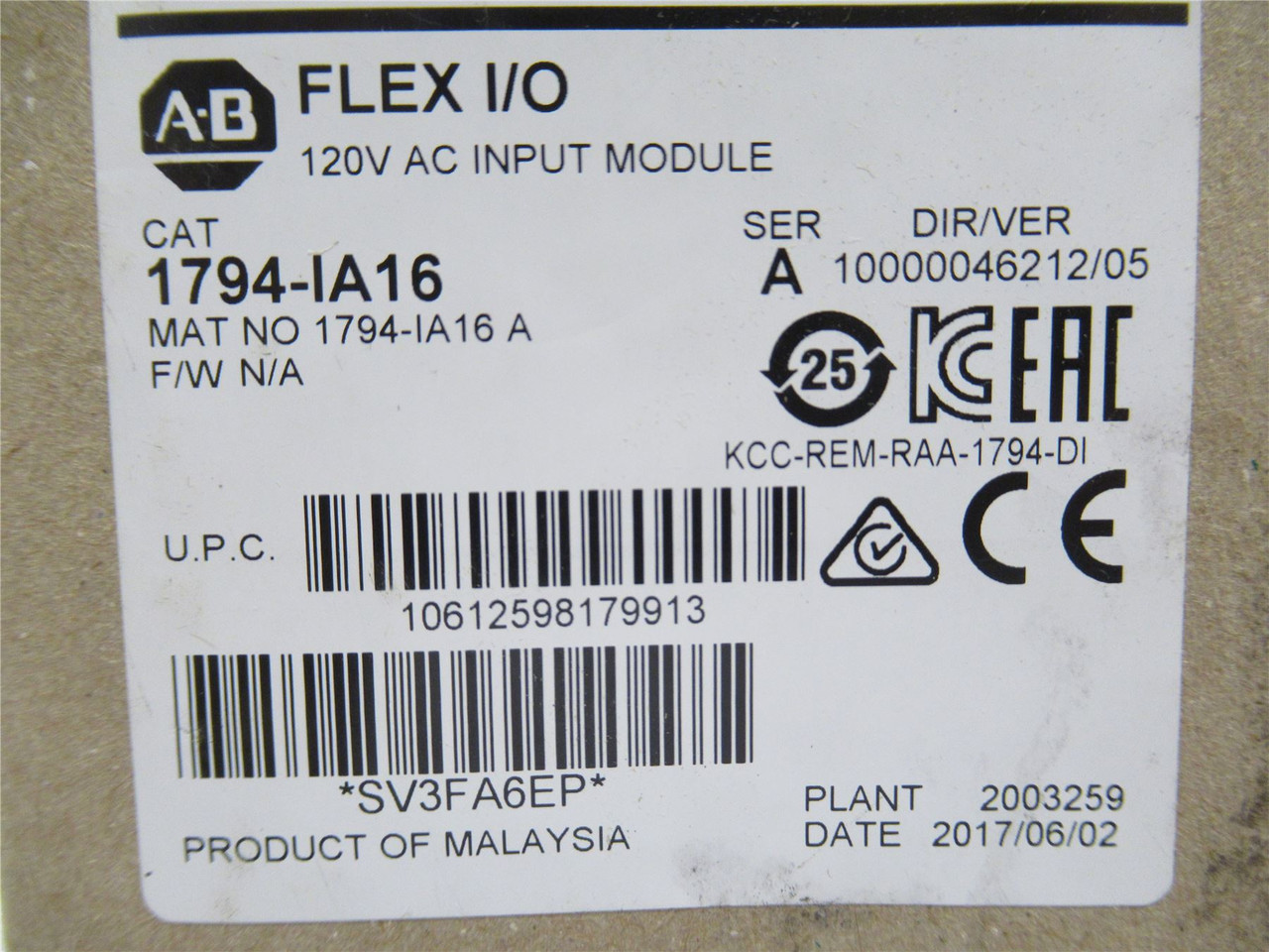Allen-Bradley 1794-IA16; Input Module; 120VAC; Series: A