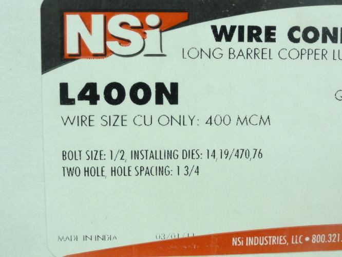NSI L400N; Compression Lug 2 Hole; 1/2" Stud; 400 MCM; Blue