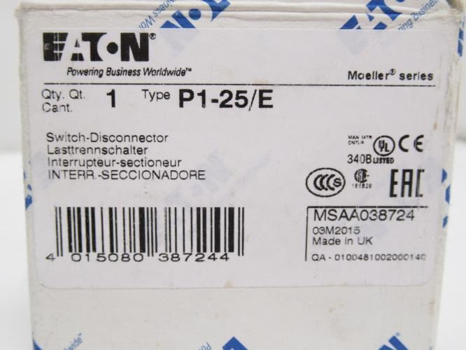Eaton P1-25/E; Disconnect Switch; 3P; 690V; 25A; Front Mount