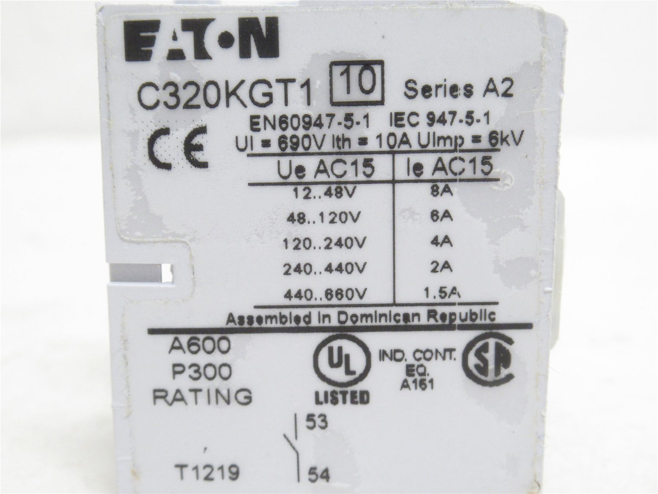Eaton C320KGT1; Top Mount Aux Contact; 1-NO; 1.5A; 660V