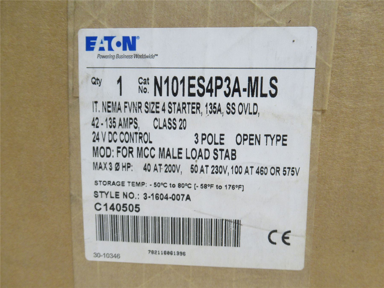 Eaton N101ES4P3A-MLS; Starter; 135A; 3P; 575VAC; Coil: 24VDC