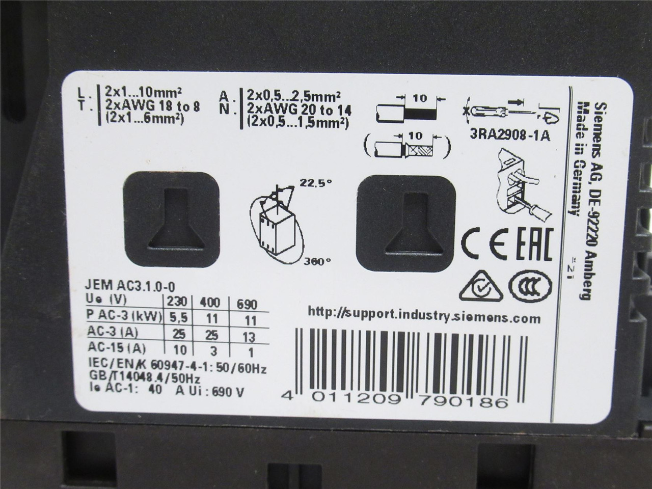 Siemens 3RT2026-2BB40; Contactor; 25A; 3P; 600VAC; Coil: 24VDC