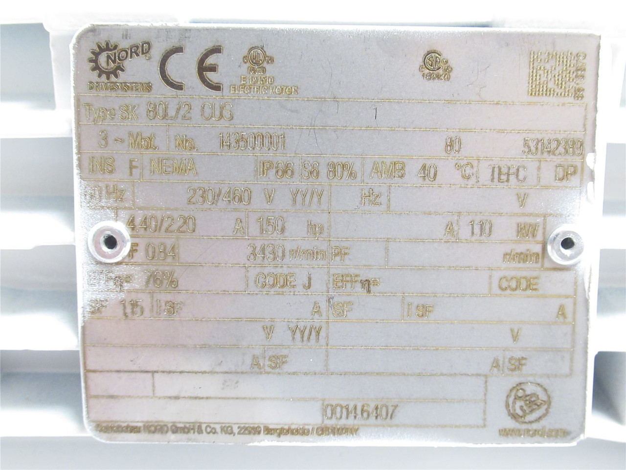Nord SK80L/2CUS; AC Motor 143500001; 1.5HP; 230/460V; 3600RPM