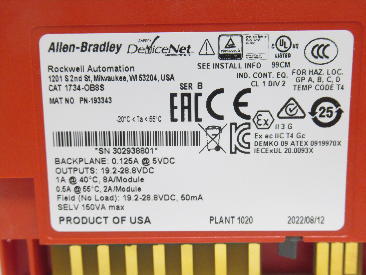 Allen-Bradley 1734-OB8S; Output Module; 8-Chan; 19.2-28.8VDC