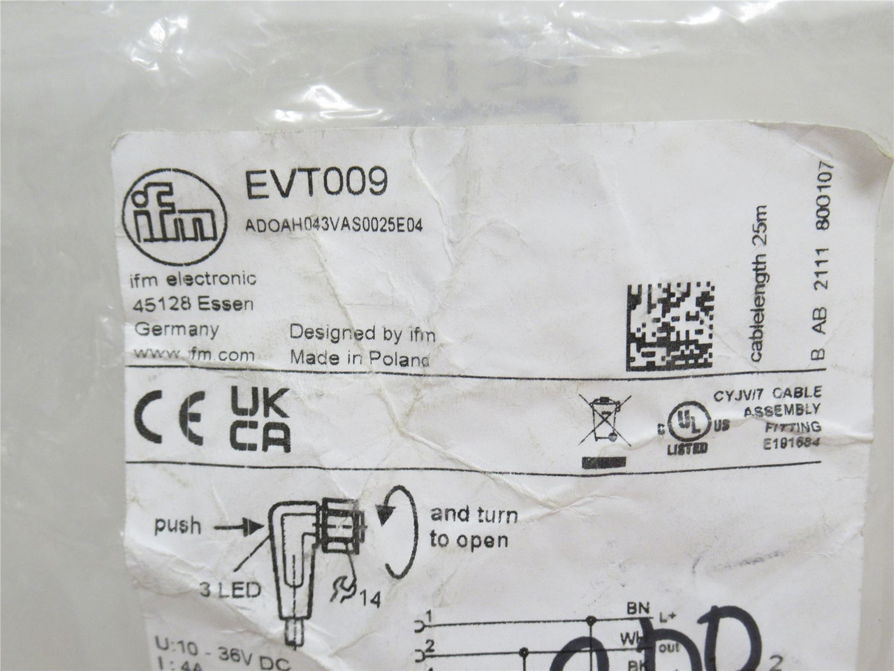 IFM EVT009; Female Connector; 90Deg; 10-36VDC; 4A; 25m Long