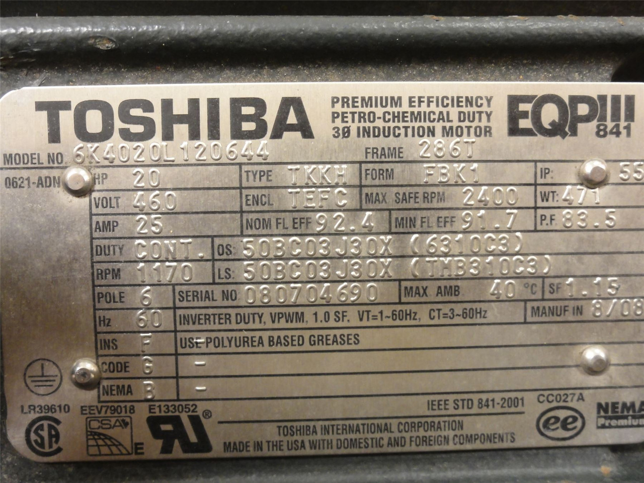 Toshiba 6K4020L120644; AC Motor; 20HP; 460VAC; 1170RPM; 3PH; 60HZ
