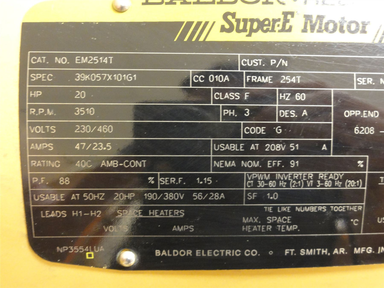 Baldor EM2514T; AC Motor; 20HP; 230/460V; 3510RPM; 3PH; 60HZ