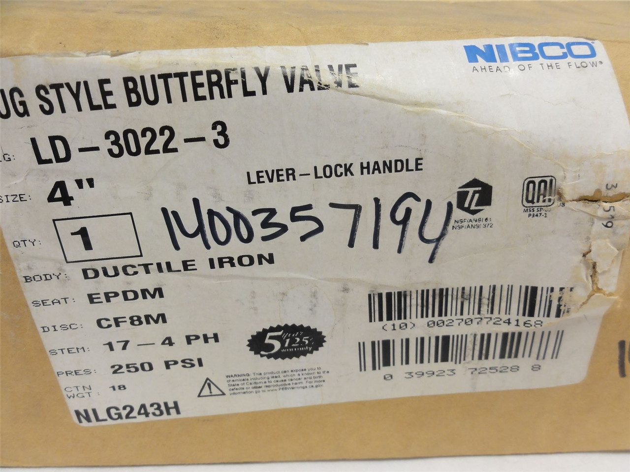 Nibco LD-3022-3; Lever Handle Lug Style 4" Butterfly Valve