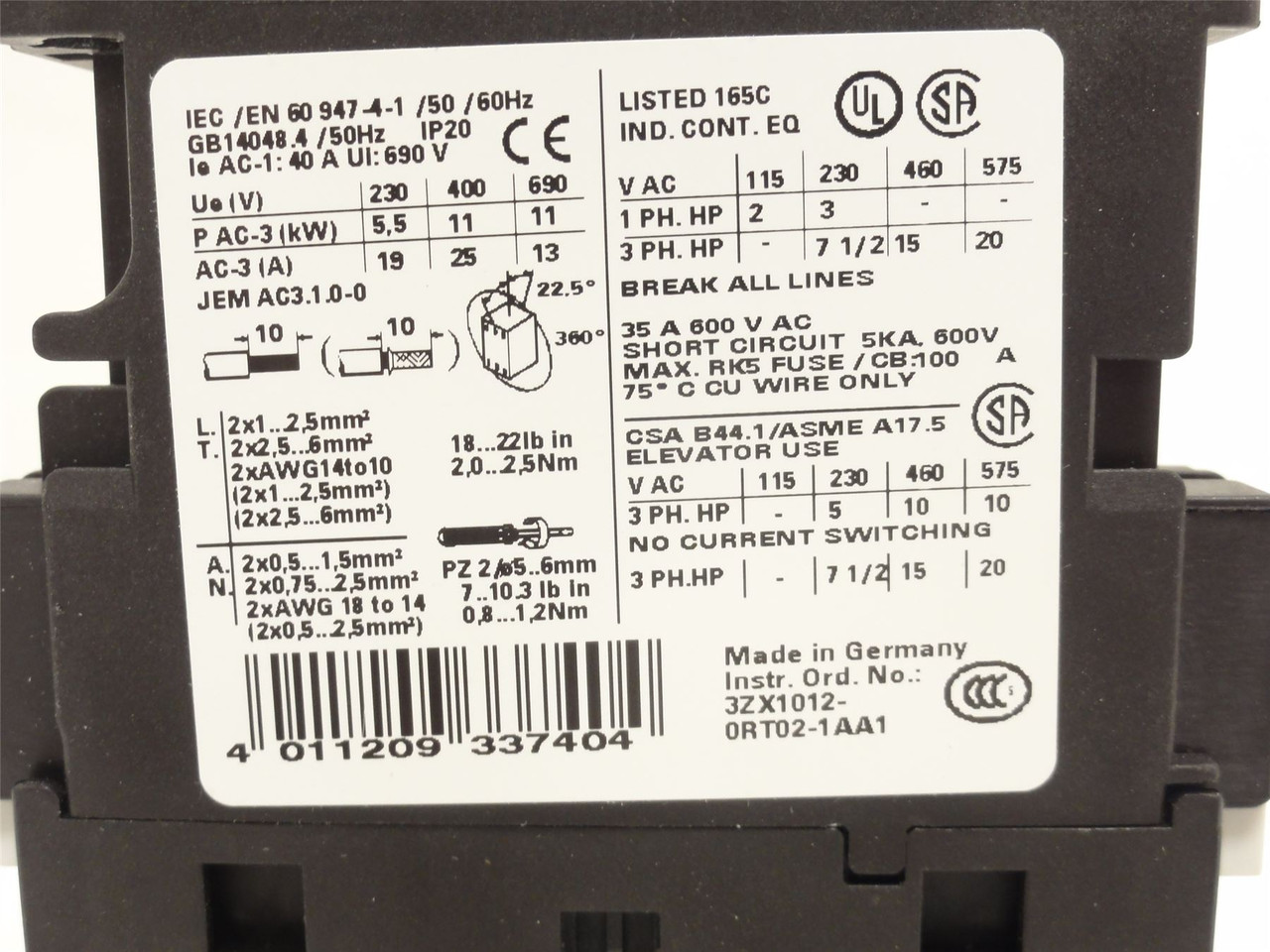 Siemens 3RT1026-1AC20; Contactor 25A; 3P; 690VAC; Coil: 24VAC
