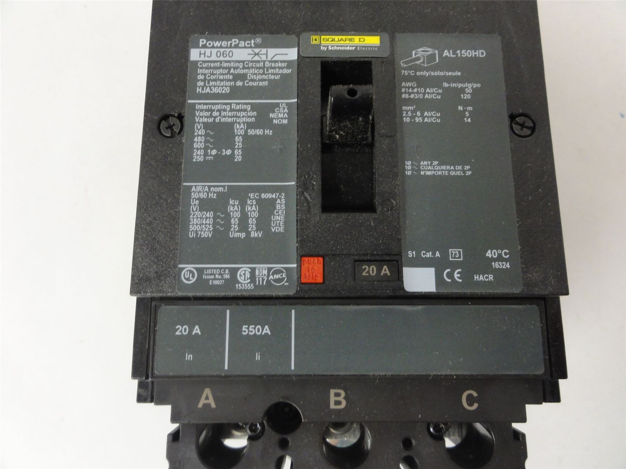 Square D HJA36020; Circuit Breaker 20A 3-Pole 600VA