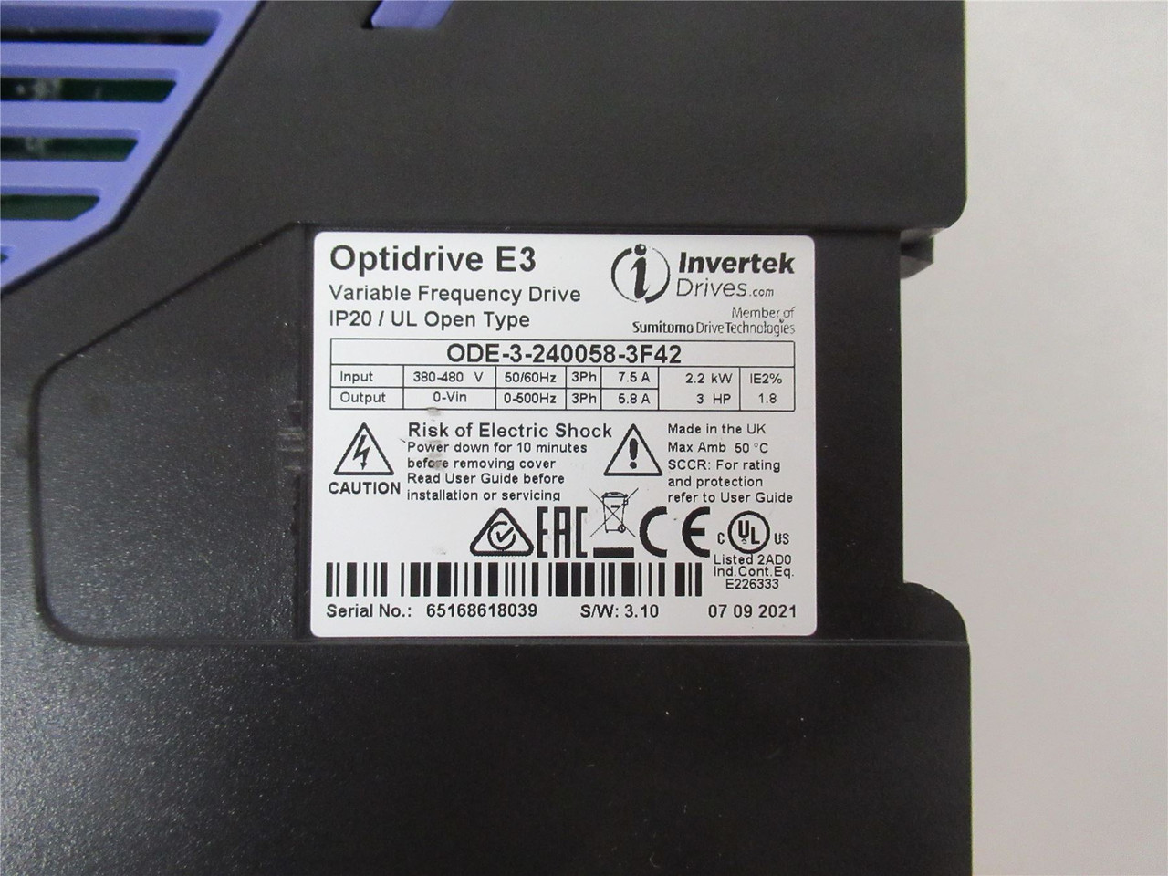 Invertek Drives ODE-3-240058-3F42; Optidrive E3 3HP 480V 3ph